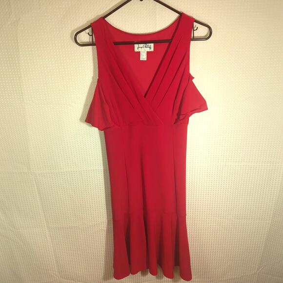 Joseph Ribkoff 8 Red Cold Shoulder Ruffle Midi Dress Women's Cocktail Canada - Picture 1 of 5